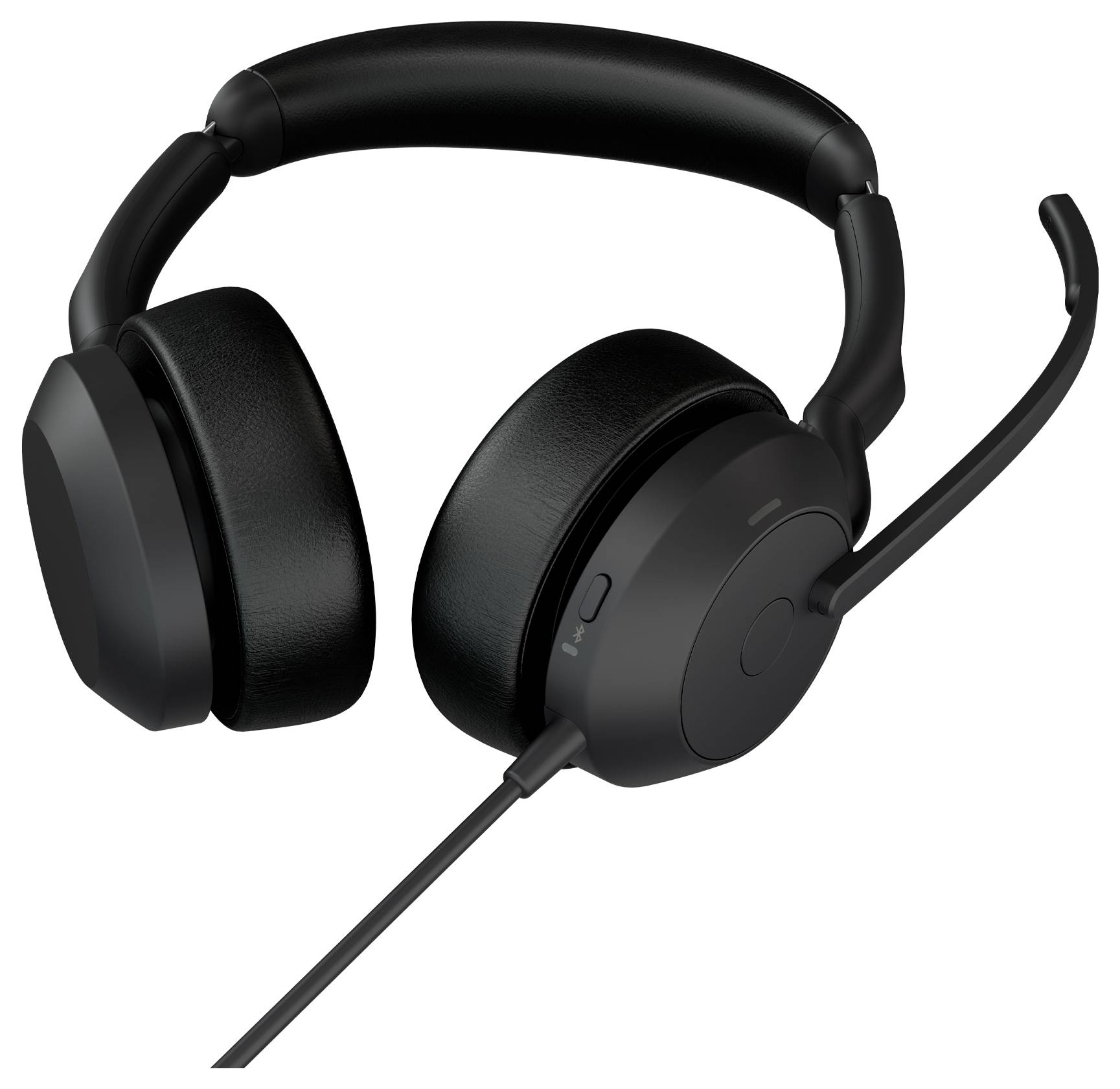 Een zwarte over-ear koptelefoon met een ingebouwde verstelbare microfoon en een aangesloten kabel, ontworpen voor audiocommunicatie en luisteren.