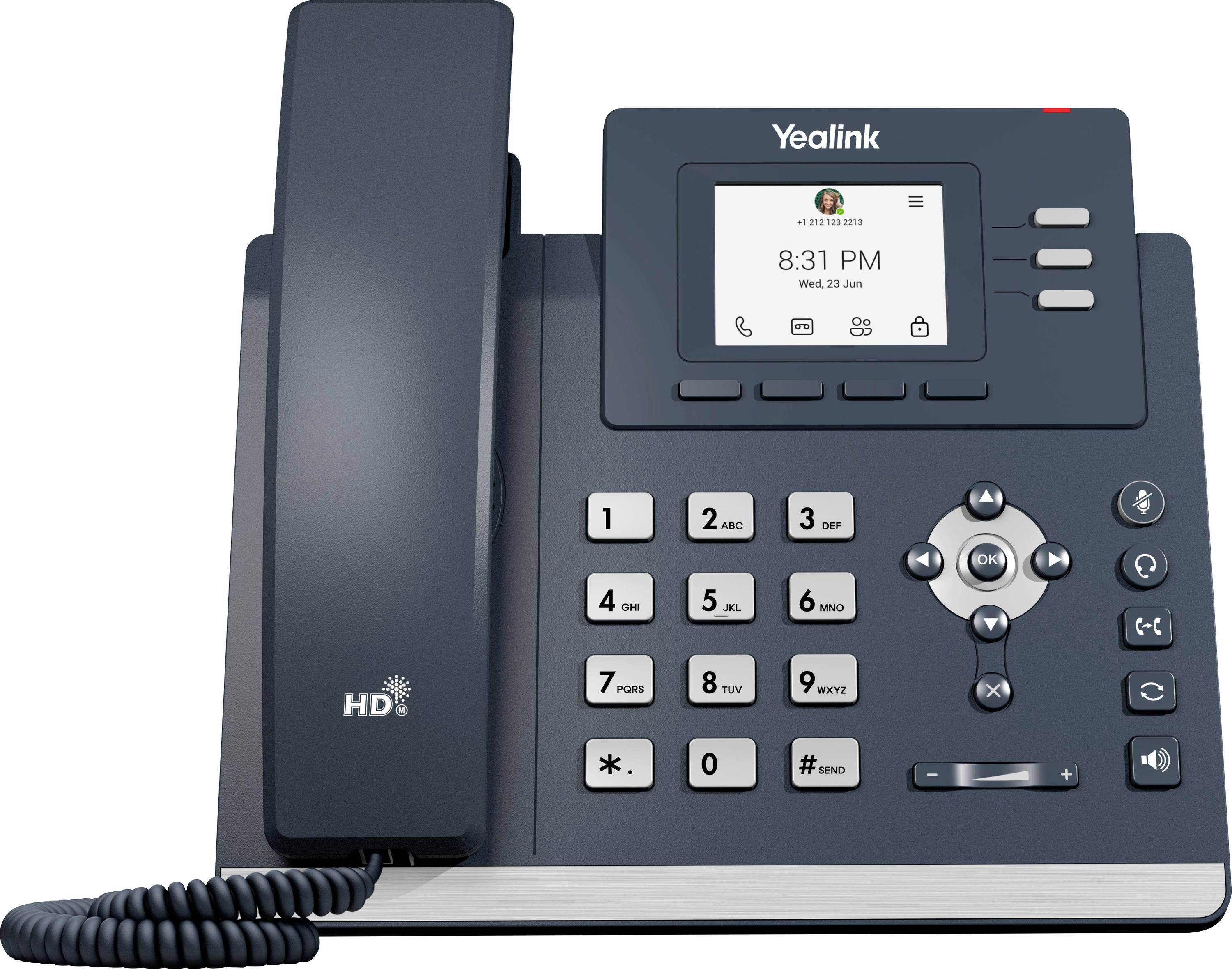 'Een Yealink kantoortelefoon die 20:31 uur en de datum wo, 28 jun op het scherm weergeeft. Inclusief toetsenblok, display en hoorn.'
