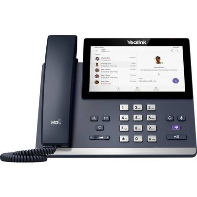 Een Yealink desktoptelefoon met een touchscreenweergave met recente oproeplogboeken, contactnamen en oproepgegevens. Beschikt over een handset en toetsenblok.