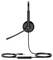 Een zwarte USB-headset voor over het hoofd met een boommicrofoon en een inline bedieningseenheid met volume- en belbedieningen op de kabel.