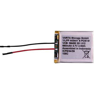 Een kleine batterij met het label 'VARTA Storage GmbH' met specificaties: 660mAh, 3.7V, 2.5Wh, samengesteld in Indonesië, met rode en zwarte draden.