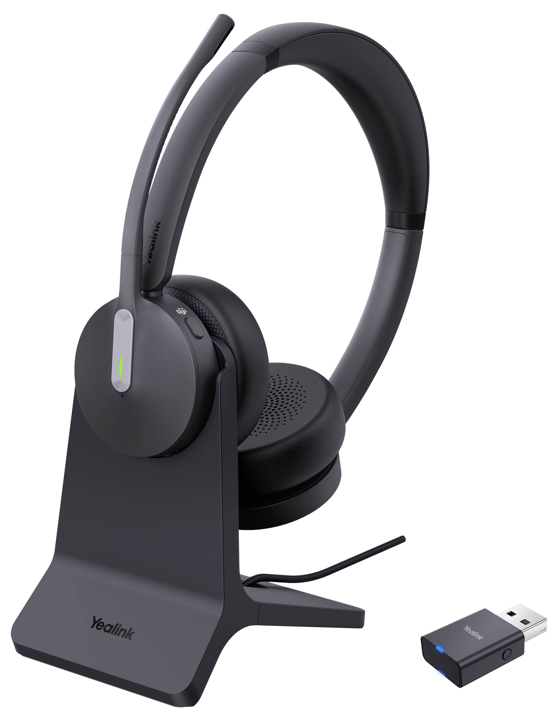 Yealink draadloos headset met aangesloten microfoon op laadstation, USB-adapter inbegrepen.