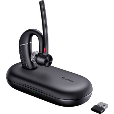 Een slanke zwarte draadloze headset met flexibele boomarm-microfoon, geplaatst op een oplaaddock, vergezeld van een USB-dongle voor connectiviteit.