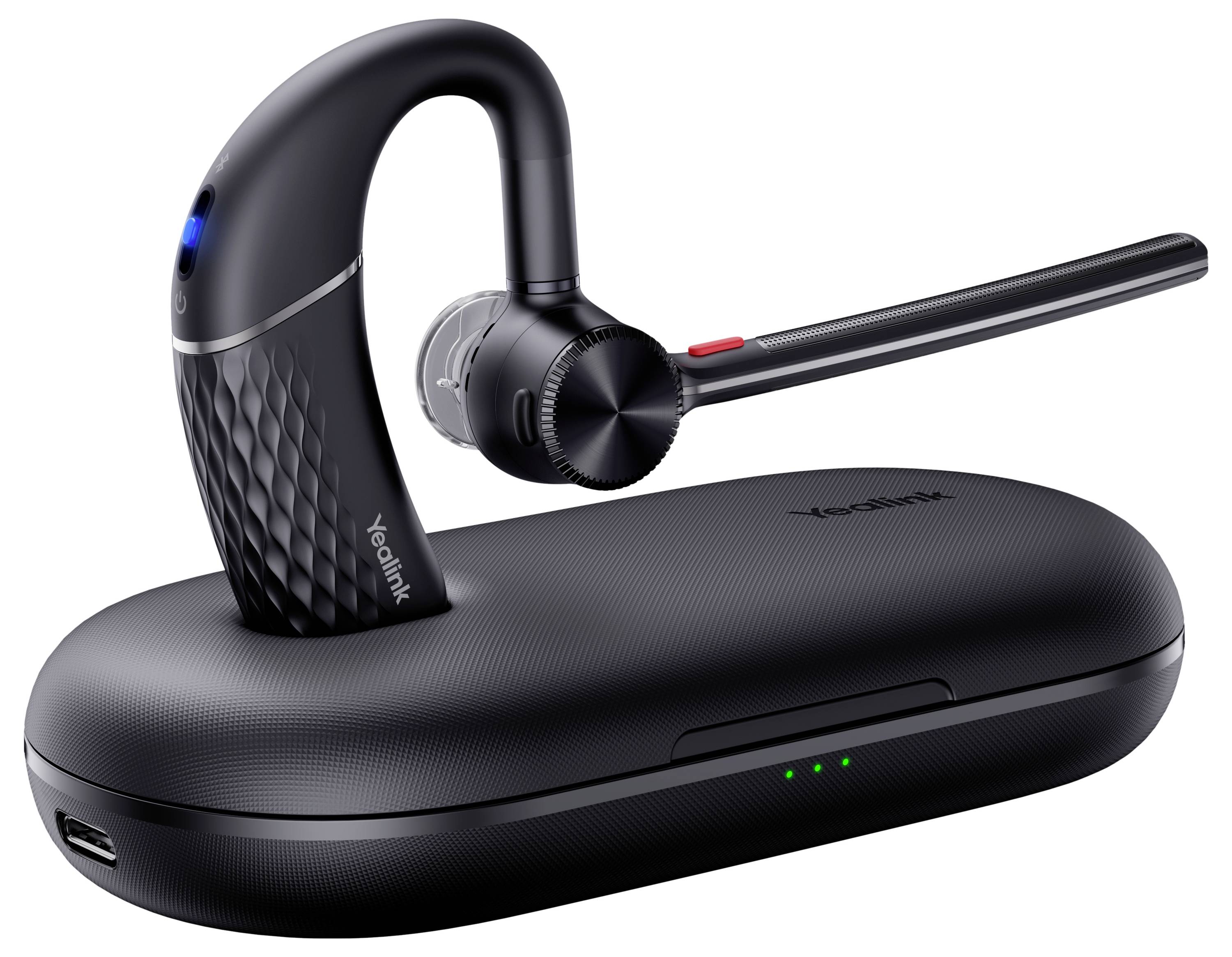 'Yealink Bluetooth-headset met basisstation, met een slanke zwart design en gevoerde oorstukken. Inclusief oplaadcase met LED-indicatoren.'
