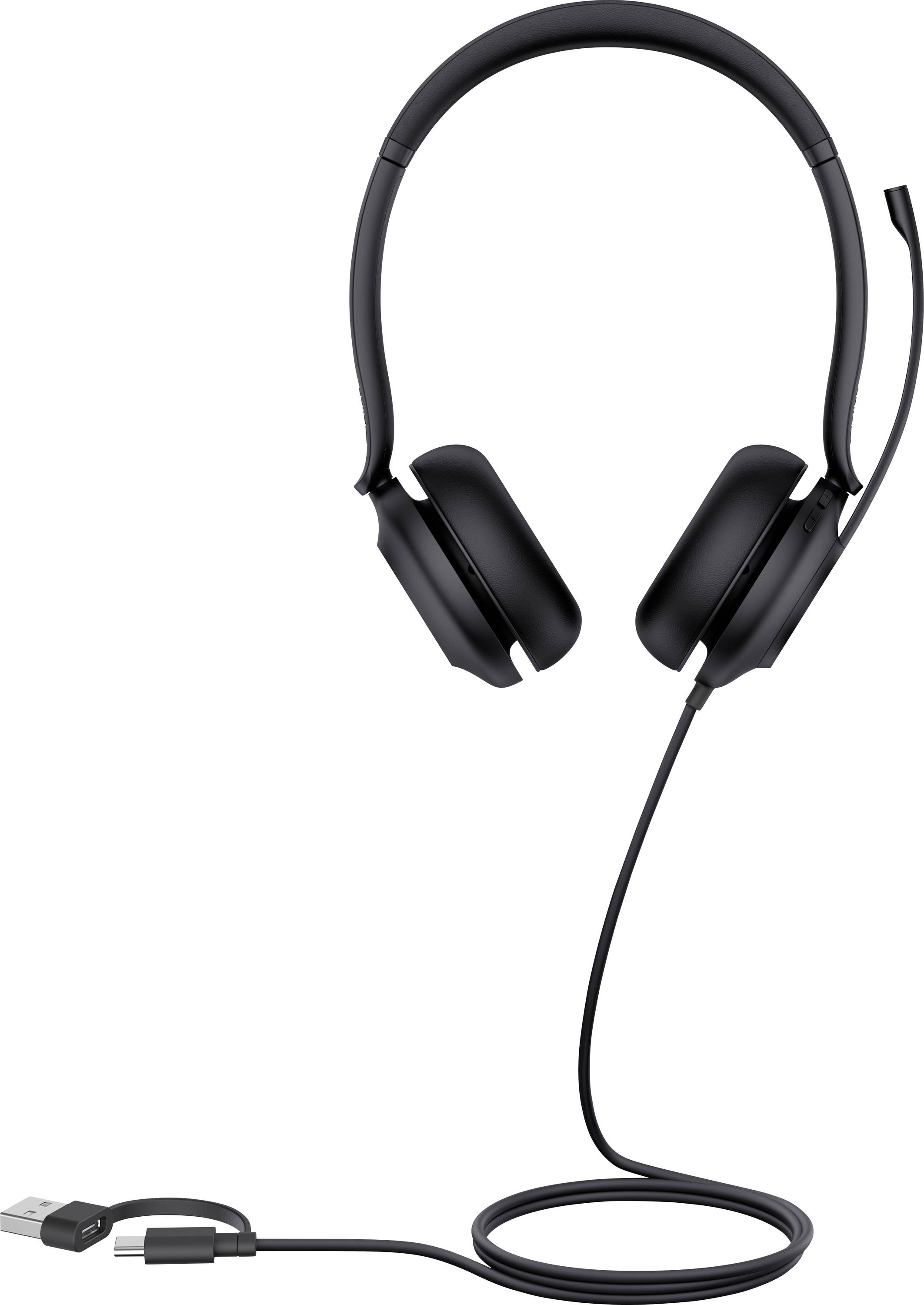 Zwarte USB-headset met microfoon en lang snoer, geschikt voor computergebruik.