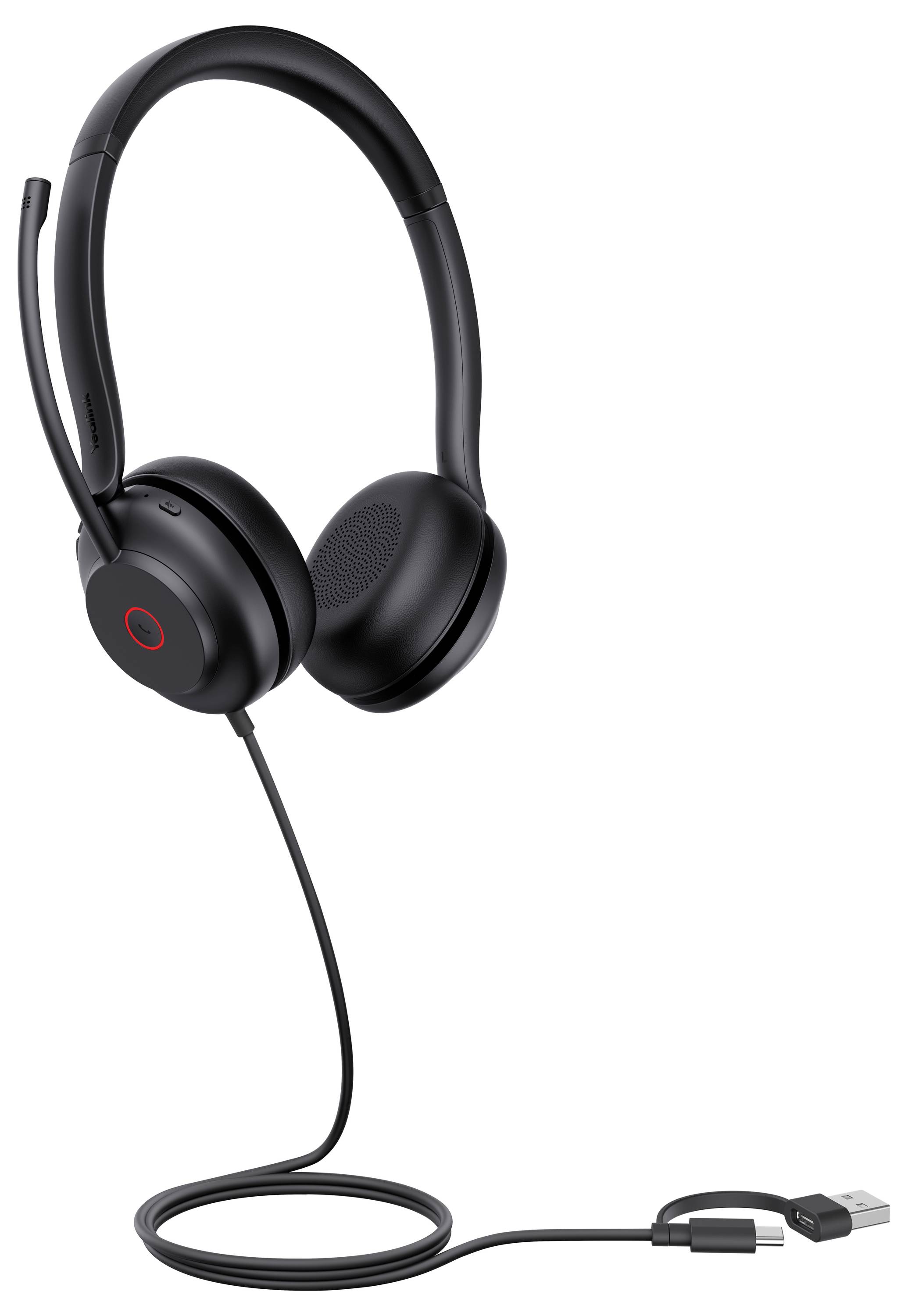 Zwarte over-ear USB-headset met microfoon, ontworpen voor professioneel audiogebruik, met een elegant design en geïntegreerde volumeregelaars.