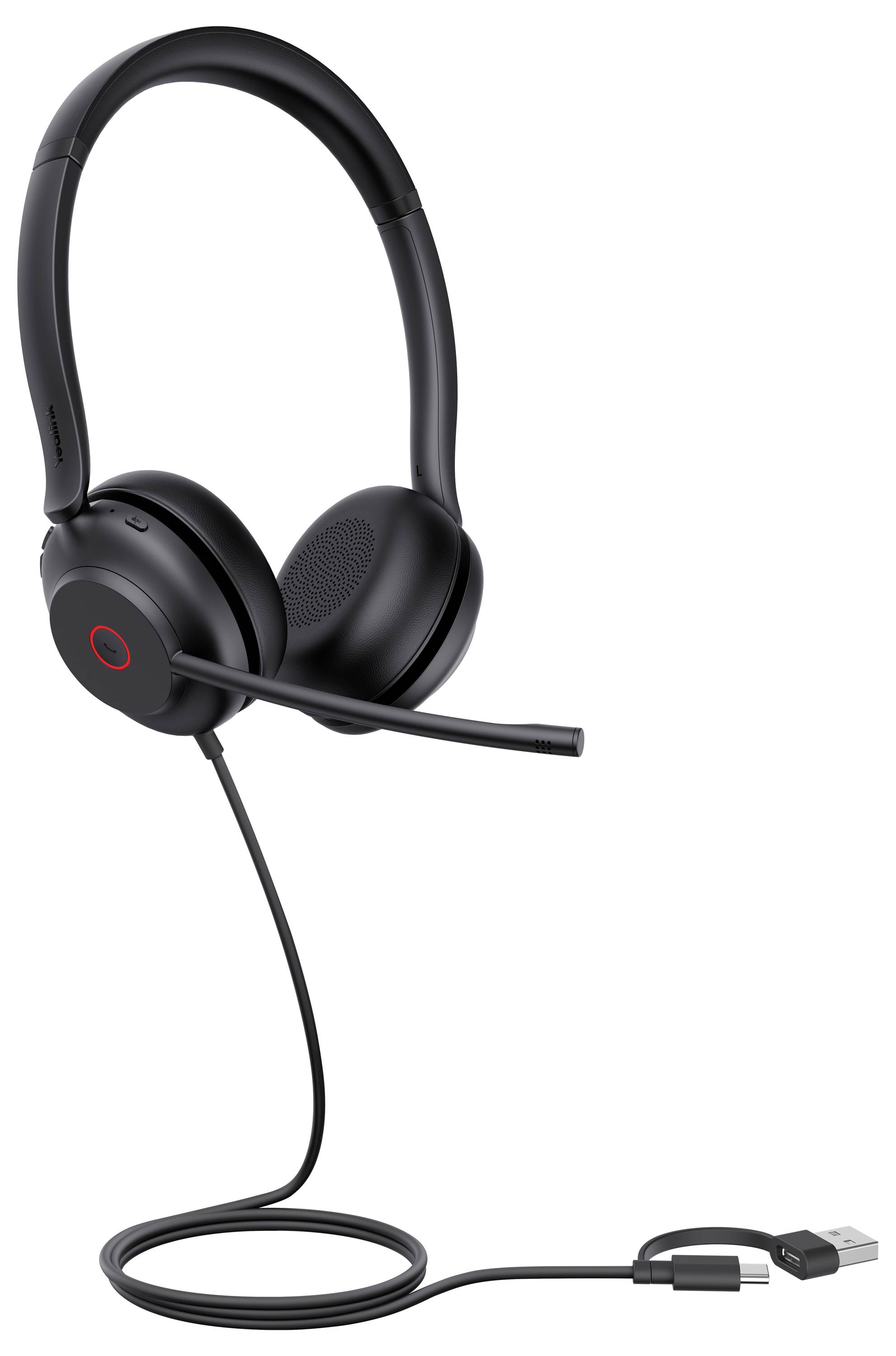 Zwarte over-ear USB-headset met een geïntegreerde microfoon, voorzien van een lang snoer met USB-connector, geschikt voor computergebruik.