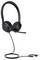 Zwarte over-ear USB-headset met een geïntegreerde microfoon, voorzien van een lang snoer met USB-connector, geschikt voor computergebruik.