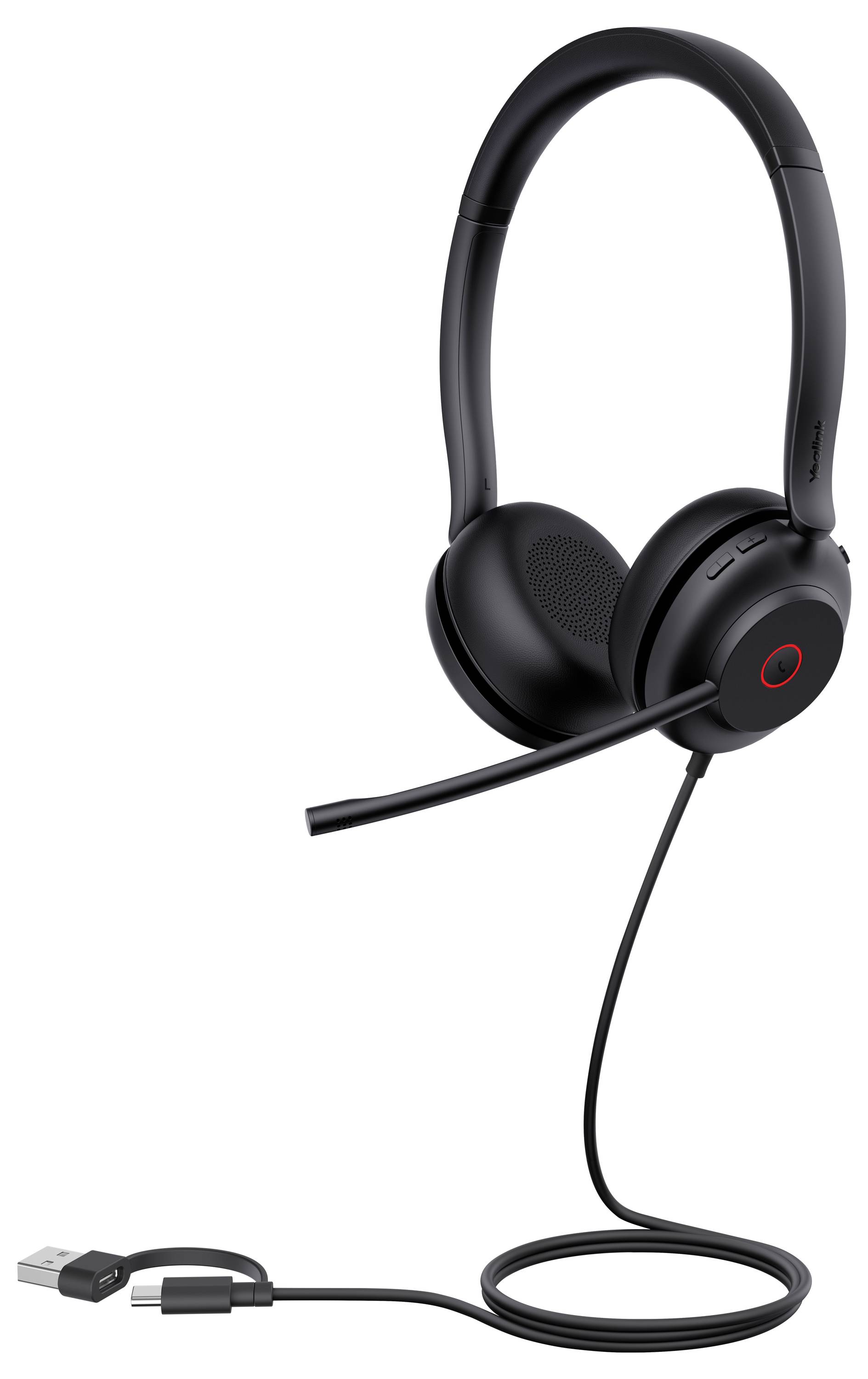 Een zwarte over-ear koptelefoon met microfoon en USB-verbinding, doorgaans gebruikt voor computergeluid communicatie of online vergaderingen.