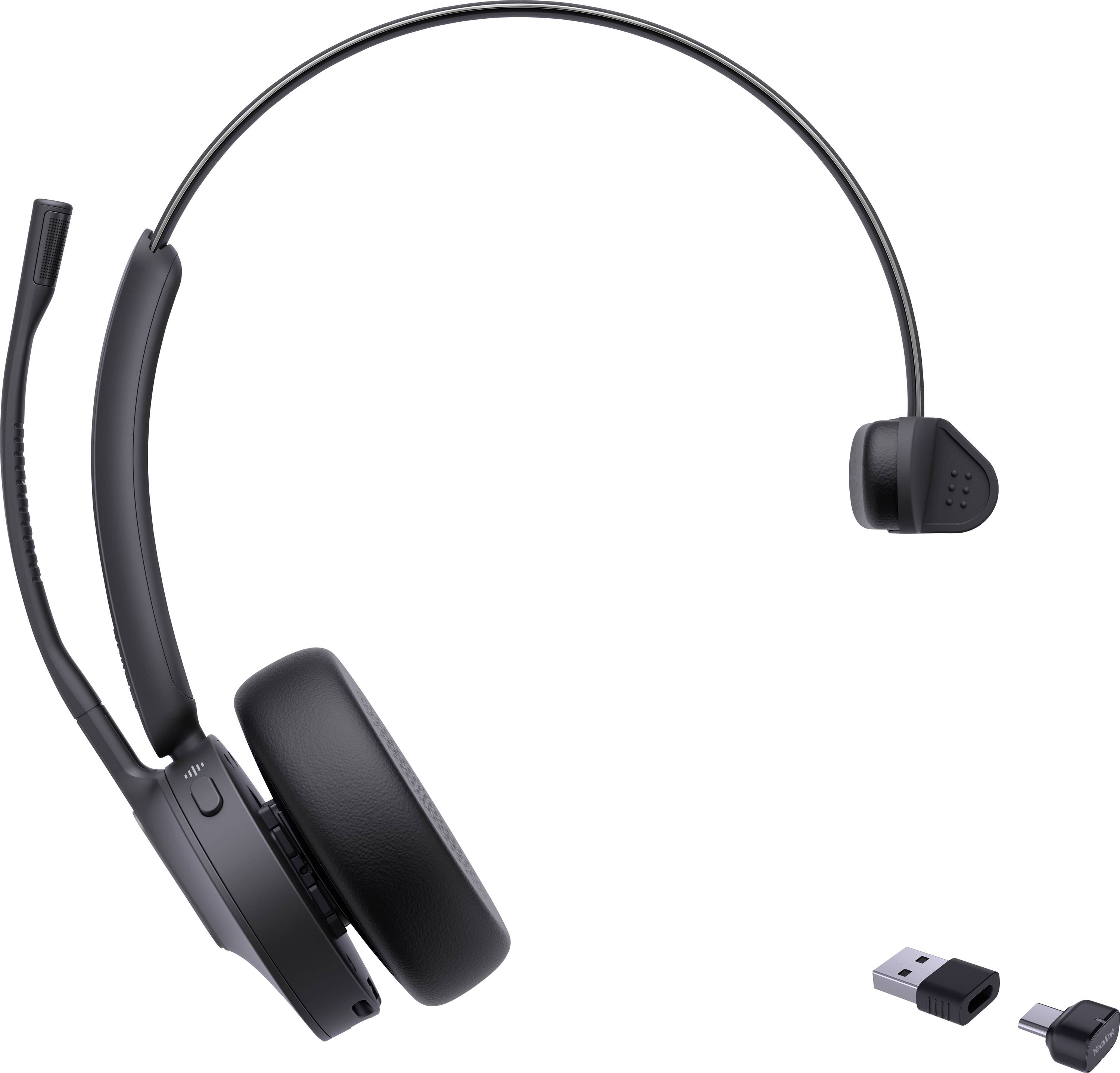 Een zwarte draadloze headset met een enkel oorkussen en een geïntegreerde microfoon, weergegeven naast een USB-dongle voor connectiviteit.