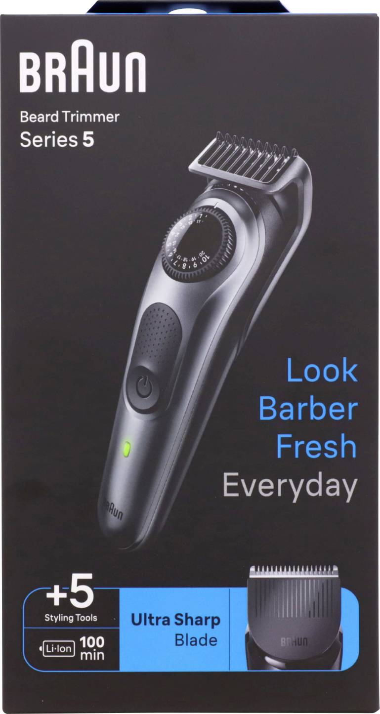 'Braun Baardtrimmer Serie 5' verpakking, met een afbeelding van de trimmer, benadrukt 'Zien Er Dagelijks Frisbakker Fris Uit' en 'Ultra Scherp Blad'.