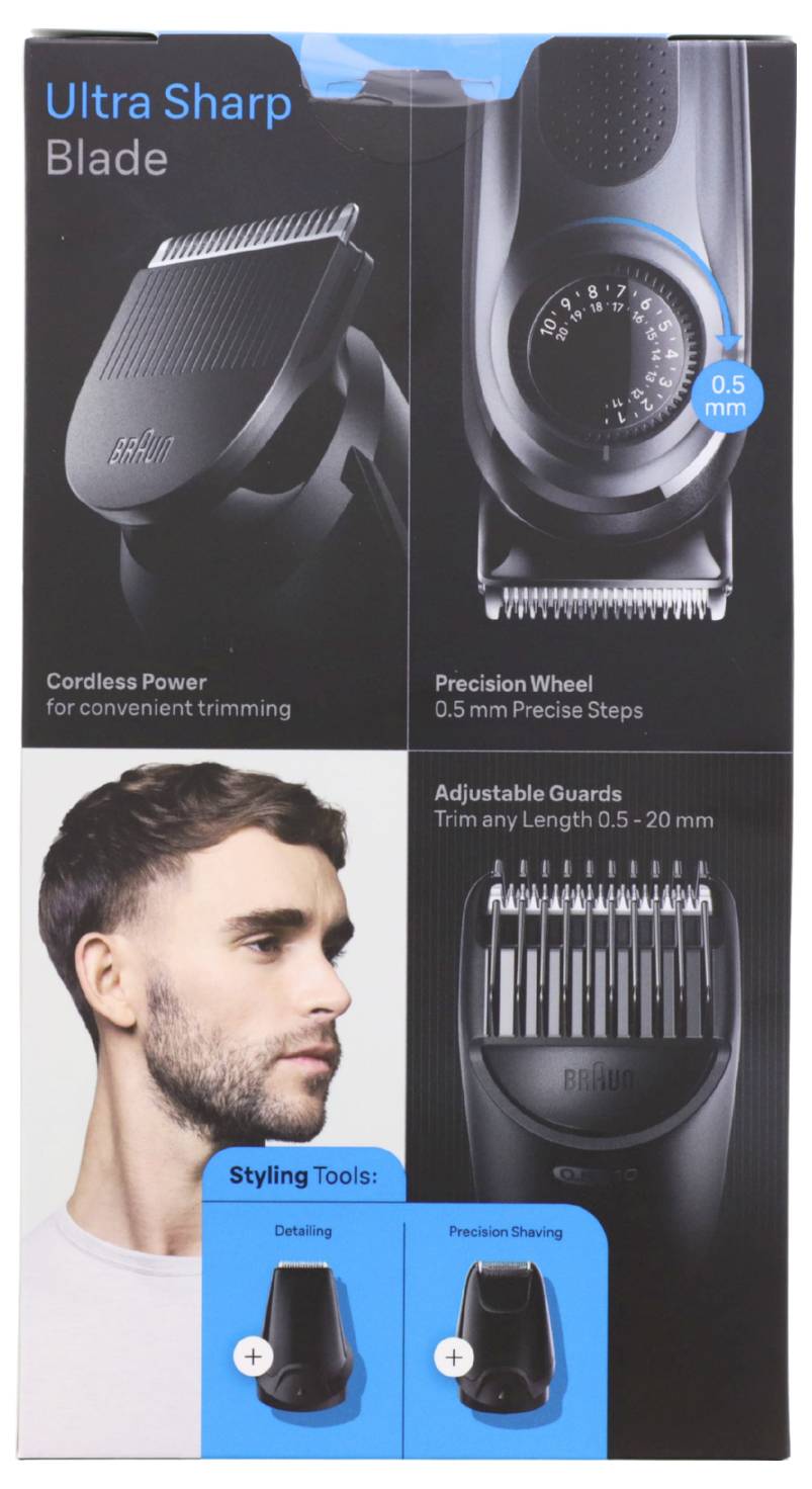 'Ultra Sharp Blade' grooming tool verpakking toont het hoofdapparaat, draadloze voeding, precisiewiel, verstelbare beschermkappen en stylingwerktuigen.