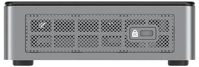 Vooraanzicht van een zilveren elektronisch apparaat met een geperforeerd gaasfront en een klein slotsymbool naast een rechthoekige knop of indicator.