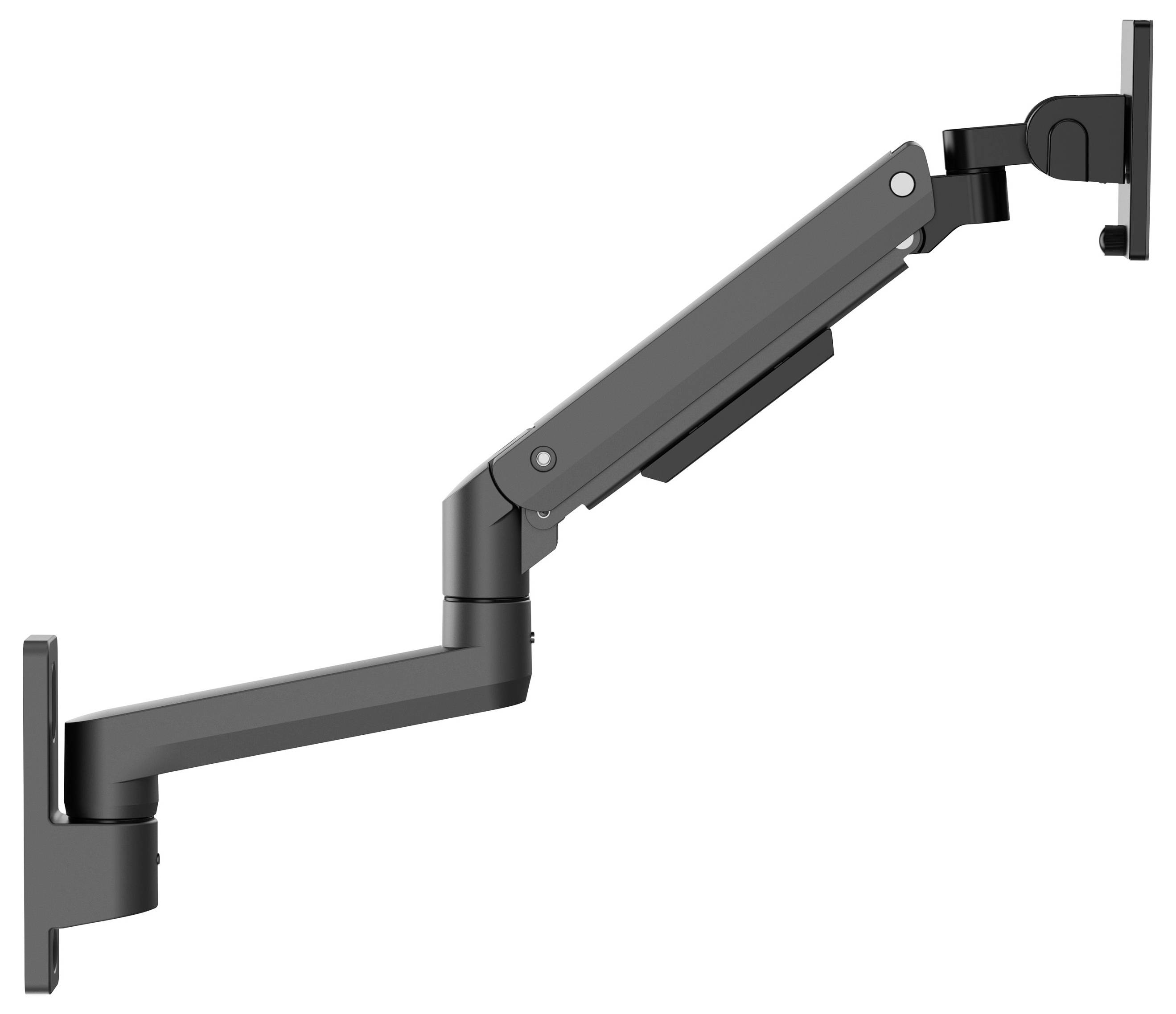 Zwart geledderde dual-arm monitorwandbeugel met twee wandplaten op een witte achtergrond.