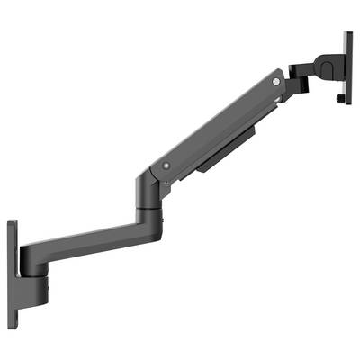 Zwart geledderde dual-arm monitorwandbeugel met twee wandplaten op een witte achtergrond.