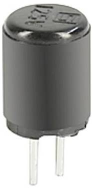 Een zwarte cilindrische elektronische component met twee metalen aansluitleiden die naar beneden uitsteken, doorgaans gebruikt in elektronische schakelingen, mogelijk een condensator.