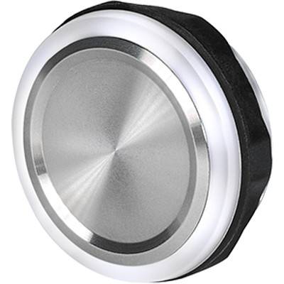 Een ronde, metalen bedieningsknop met een glad, geborsteld oppervlak omgeven door een zwarte, getextureerde greep. Geschikt voor audioapparatuur.