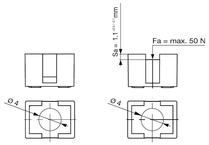'Technische tekening met twee aanzichten van een onderdeel met afmetingen: Sa = 1,1 - d3/4, Fa = max. 50 N, diameter Ø4.'