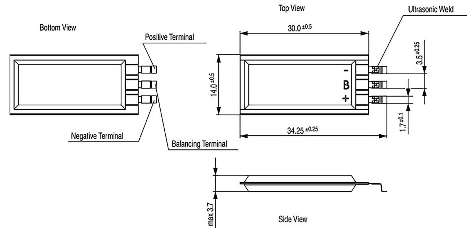 Diagram dat drie aanzichten van een batterij toont: onderkant, bovenkant en zijkant. Bevat metingen, positieve en negatieve aansluitingen en ultrasonisch lassen.