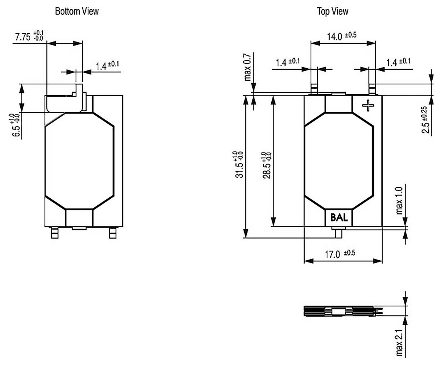 'Technisch diagram van een onderdeel met onderkant-, bovenkant- en zijkanten aanzichten. Toont afmetingen voor breedte, hoogte en diepte in millimeters.'
