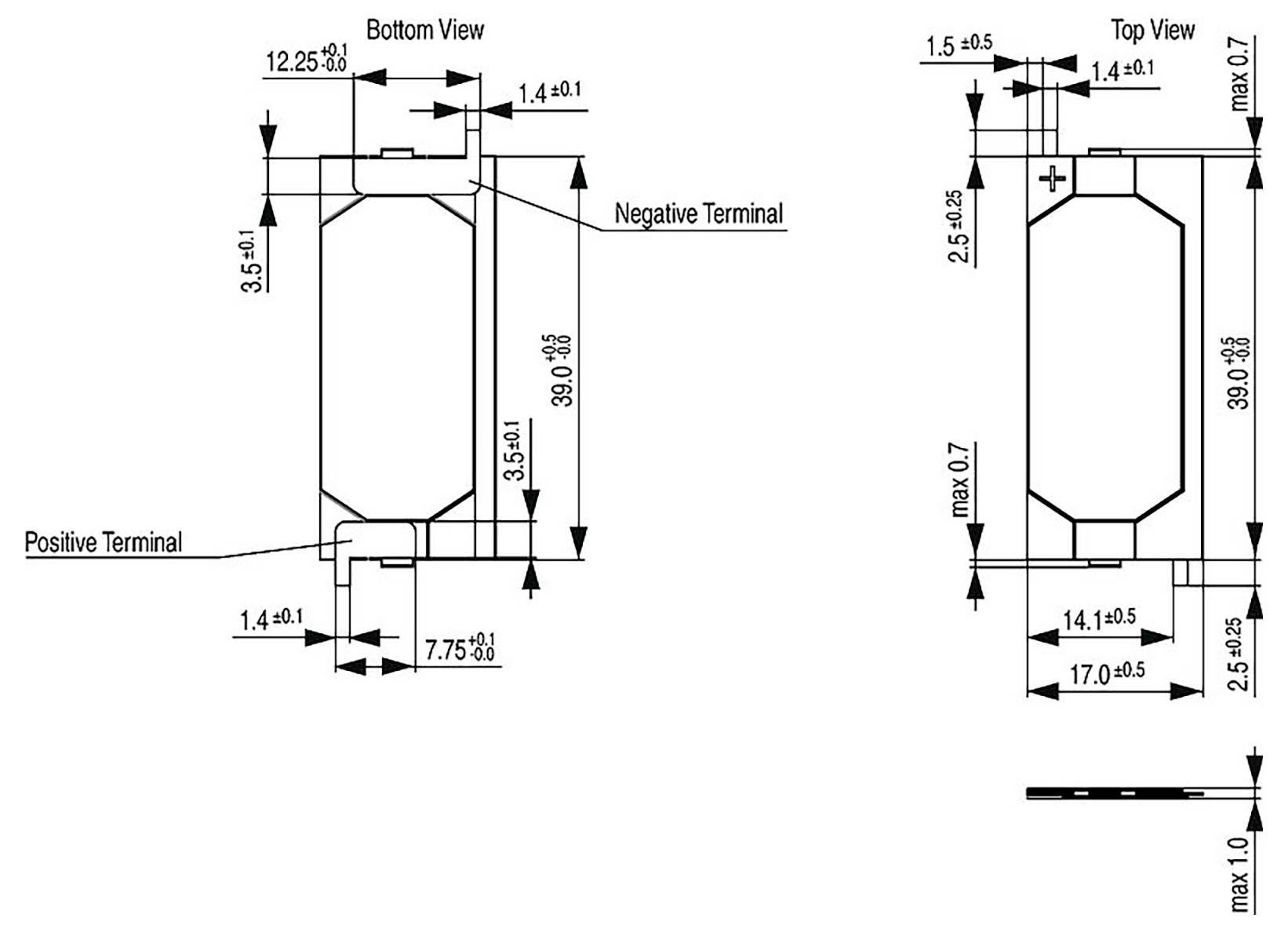 'Technisch diagram met de afmetingen en indeling van een cilindrisch onderdeel met positieve en negatieve aansluitpunten in zowel bovenaanzicht als onderaanzicht.'