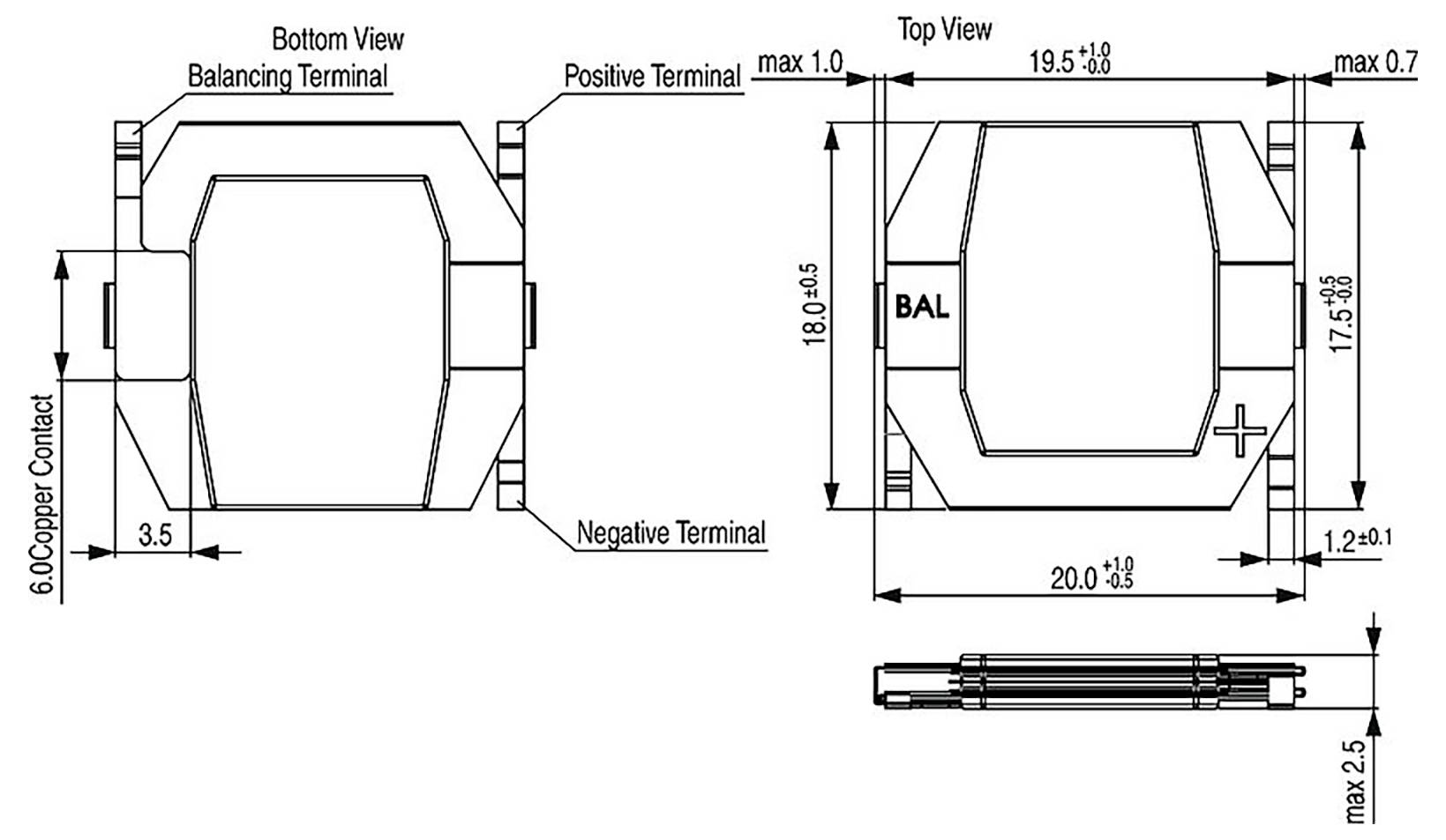 'LC4960B Rena' componentdiagram met onderaanzicht, bovendiagram en zijaanzichten. Toont afmetingen: 20,0 x 18,0 x 6,0 mm. Aansluitinglocaties aangegeven.