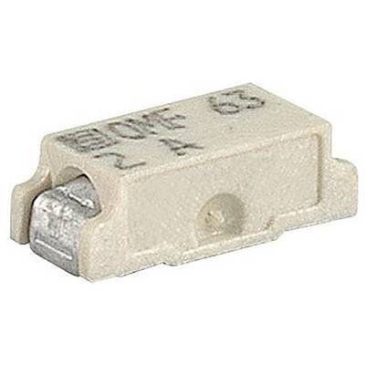 'Een wit rechthoekig elektronisch onderdeel gemarkeerd met "63" en "2 A," met een metalen contact aan één uiteinde, waarschijnlijk een zekering.'