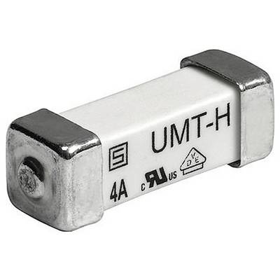 'Een witte UMT-H zekering met een nominaal vermogen van 4A, voorzien van metalen eindkappen en veiligheidscertificering gemarkeerd op het oppervlak.'