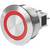 Een metalen drukknopschakelaar met een rode LED-ring, gebruikt voor signalering van energiestatus of activering in elektronische apparaten.