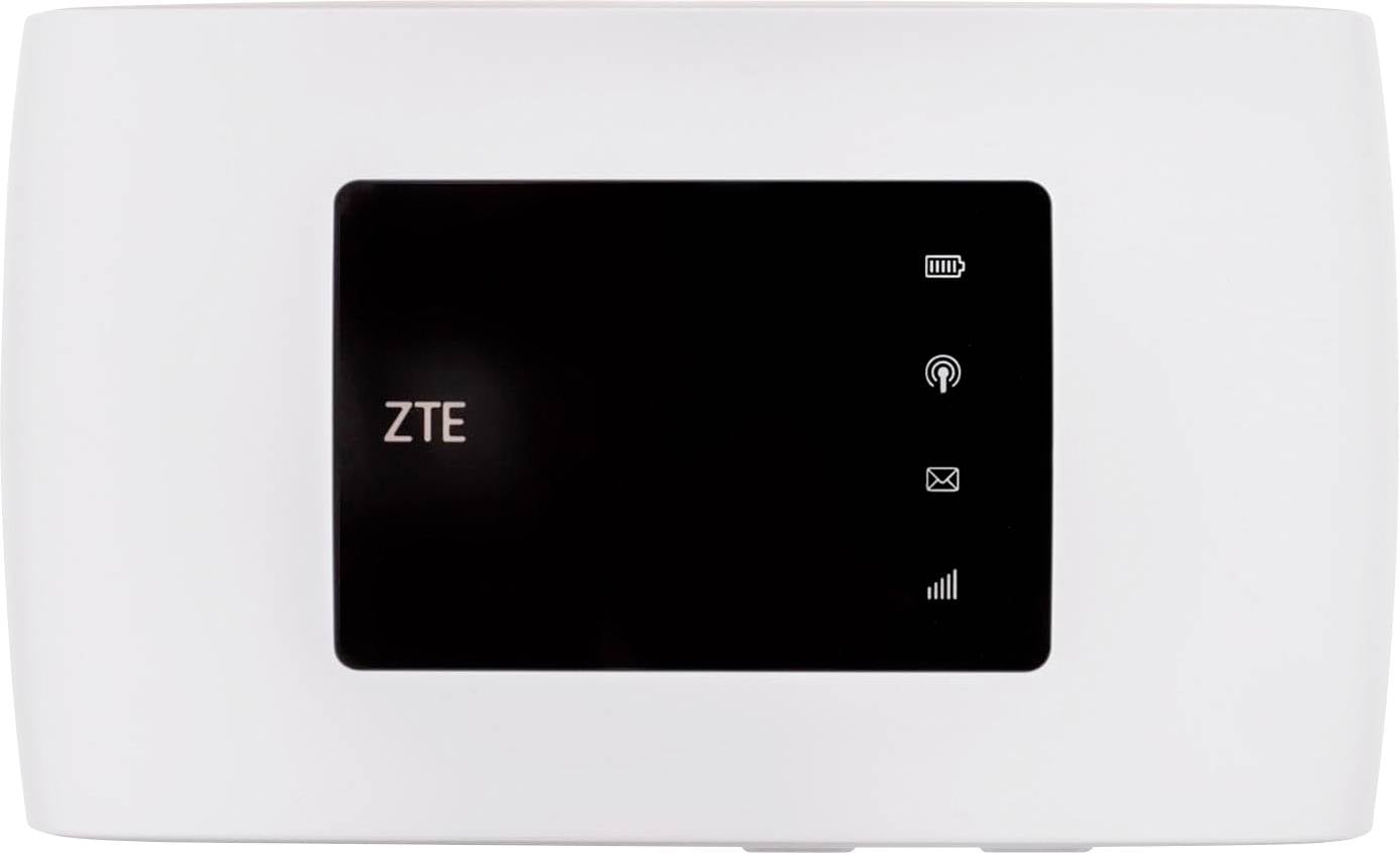 Een wit ZTE mobiel Wi-Fi-apparaat met een zwart scherm met pictogrammen voor batterij, Wi-Fi, bericht en signaalsterkte.
