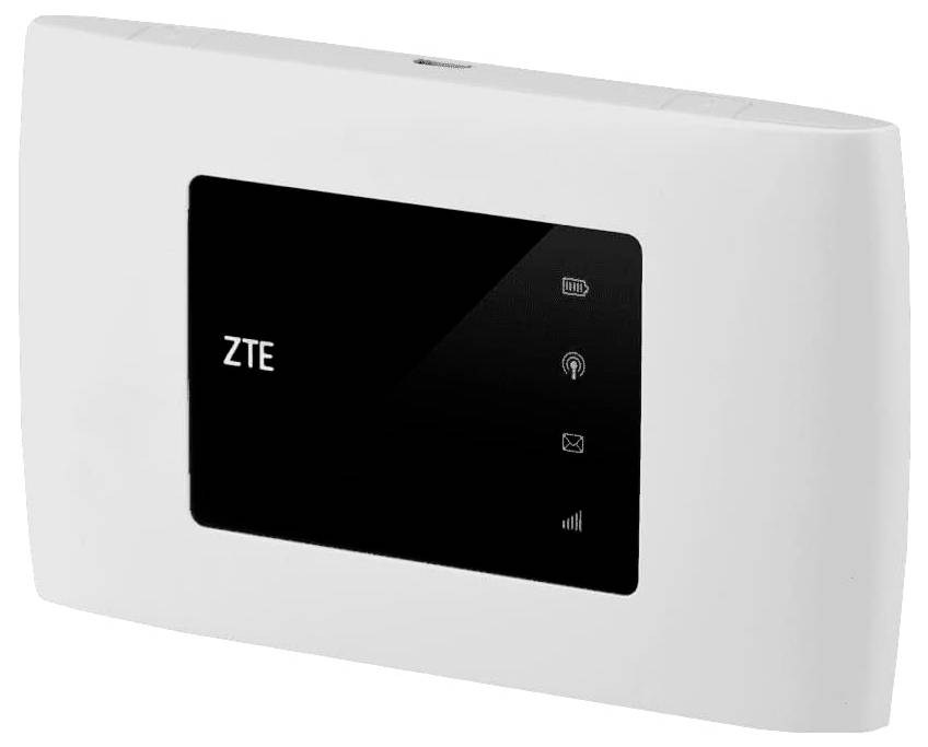 Een witte ZTE Wi-Fi router met een zwart display toont pictogrammen voor Wi-Fi-sterkte, berichten en connectiviteit.