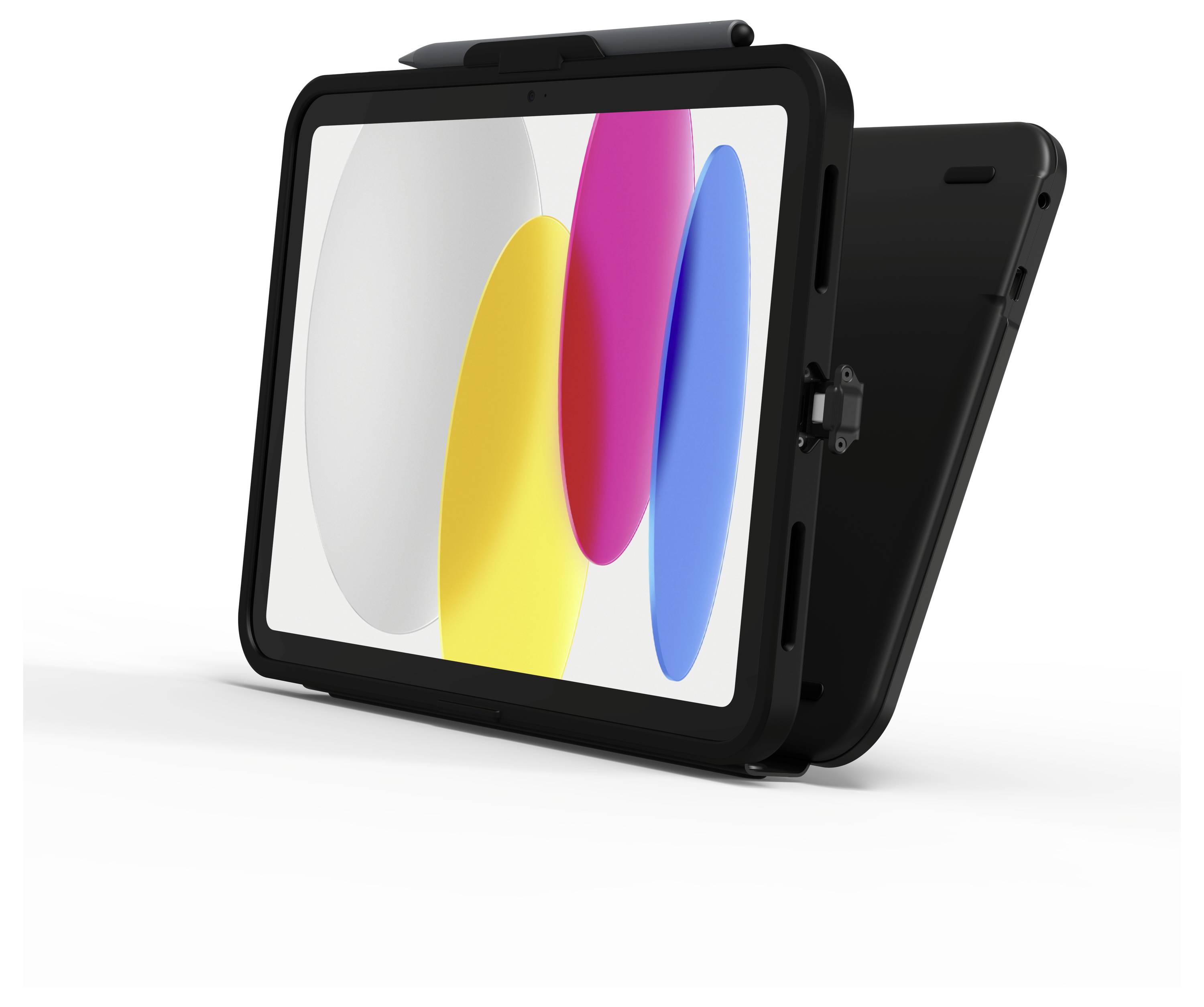 Een tablet met een zwarte beschermhoes toont een kleurrijk behang met overlappende ovalen in wit, geel, roze en blauw.