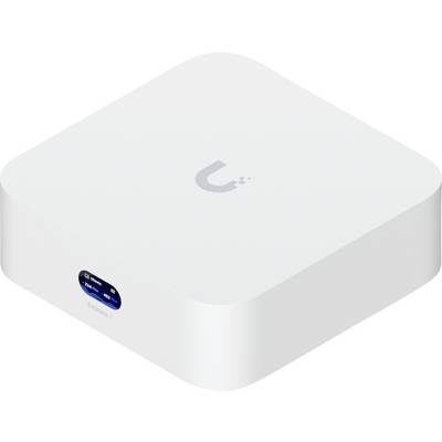 Wit elektronisch apparaat met een grijs 'U'-symbool op de bovenkant; gelabeld 'Expan 7' met een blauwe stroomindicator aan de zijkant.