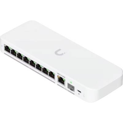 Een witte netwerkswitch met acht ethernetpoorten en indicatorlampen, gebruikt voor het verbinden van meerdere apparaten met een netwerk.