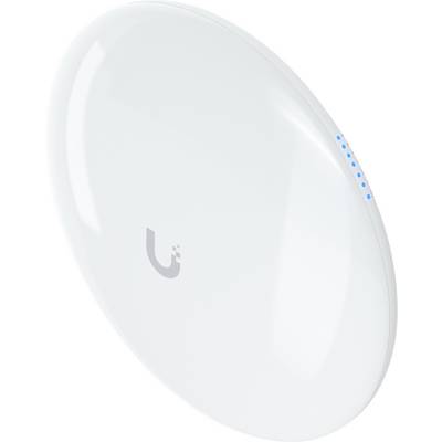 Een wit, rond Wi-Fi-toegangspunt met een klein Ubiquiti-logo en blauwe LED-indicatoren aan de zijkant, ontworpen voor draadloze internetconnectiviteit.