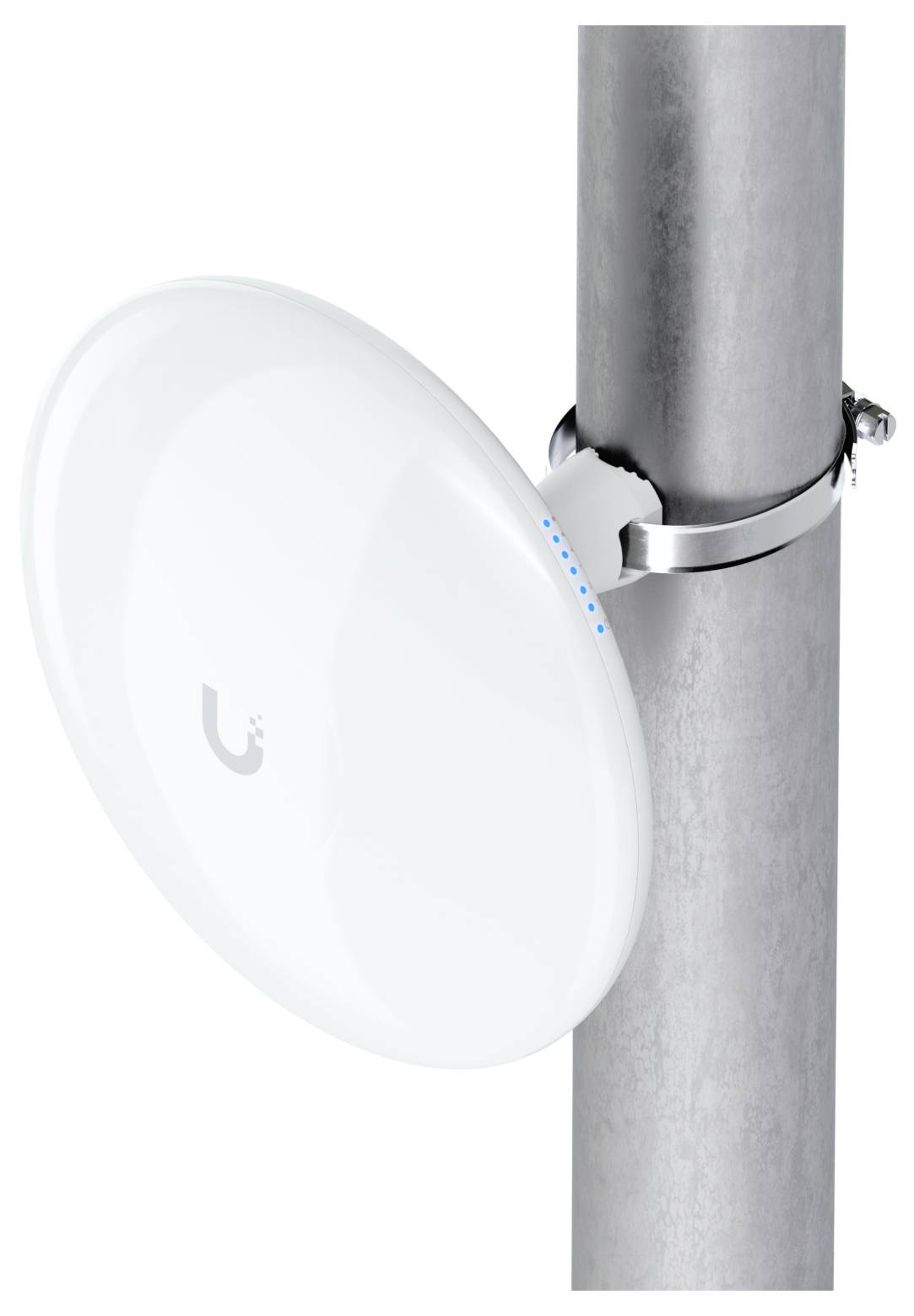 Een witte ronde buitenwirelessantenne gemonteerd op een metalen paal met LED-indicatoren.