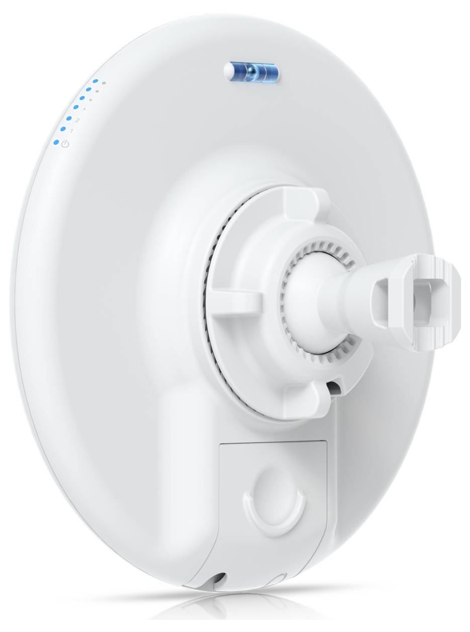 Een witte circulaire schotelantenne met een centraal montagebracket en een blauwe status-LED die connectiviteit of signaalsterkte aangeeft.