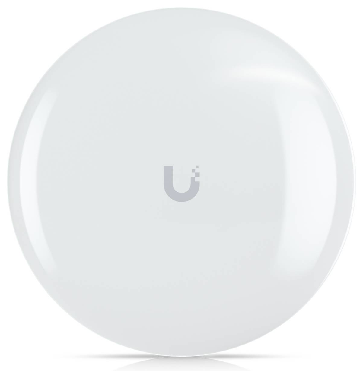 Een rond, wit satellietschotel met een subtiel 'U'-logo in het midden. Het wordt gebruikt voor draadloze communicatie of internetverbinding.