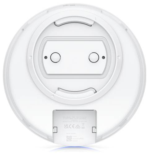 Het onderaanzicht van een ronde robotstofzuiger met twee belangrijkste sensoren en een verwijderbaar batterijcompartiment, met nadruk op het ontwerp ervan.