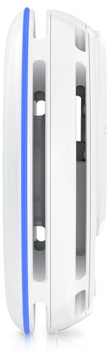 Een wit, verticaal apparaat met een blauwe randlijn, voorzien van ventilatieopeningen en een strak, modern design.