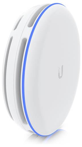 Een ronde, witte draadloze toegangspunt met minimalistisch ontwerp, voorzien van een blauwe LED-ring aan de rand; ontworpen voor plafond- of wandmontage.