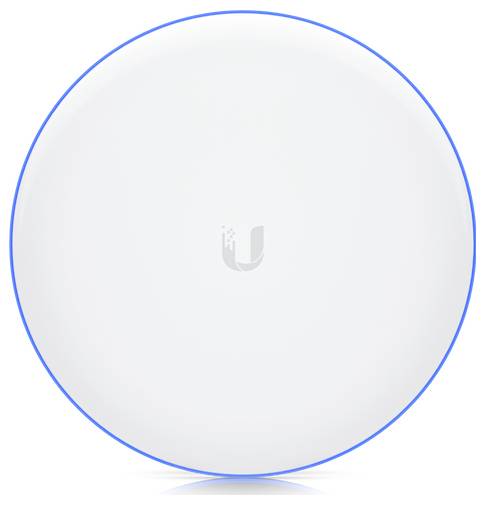 Een rond wit draadloos toegangspunt met een blauwe rand en een vaag logo in het midden.