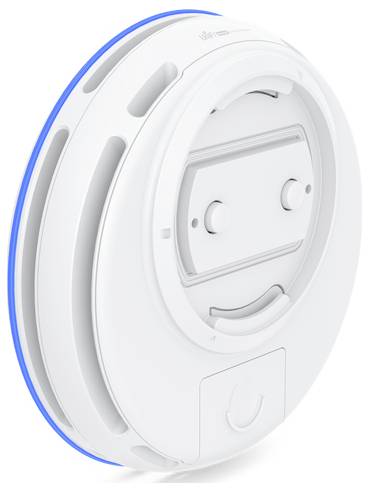 Een ronde, witte rook- en koolmonoxidemelder met een cirkelvormig ontwerp. Het heeft een enkele testknop en een blauwe LED-indicator aan de zijkant.