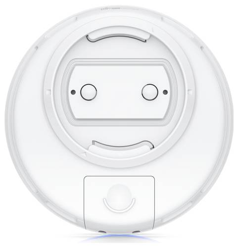 Een witte ronde robotstofzuiger met twee voorste sensoren en een centraal aan/uit-knop.