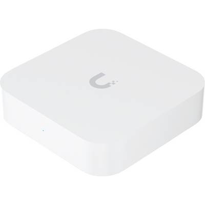 Een klein, vierkant, wit elektronisch apparaat met afgeronde hoeken en een logo aan de bovenkant.