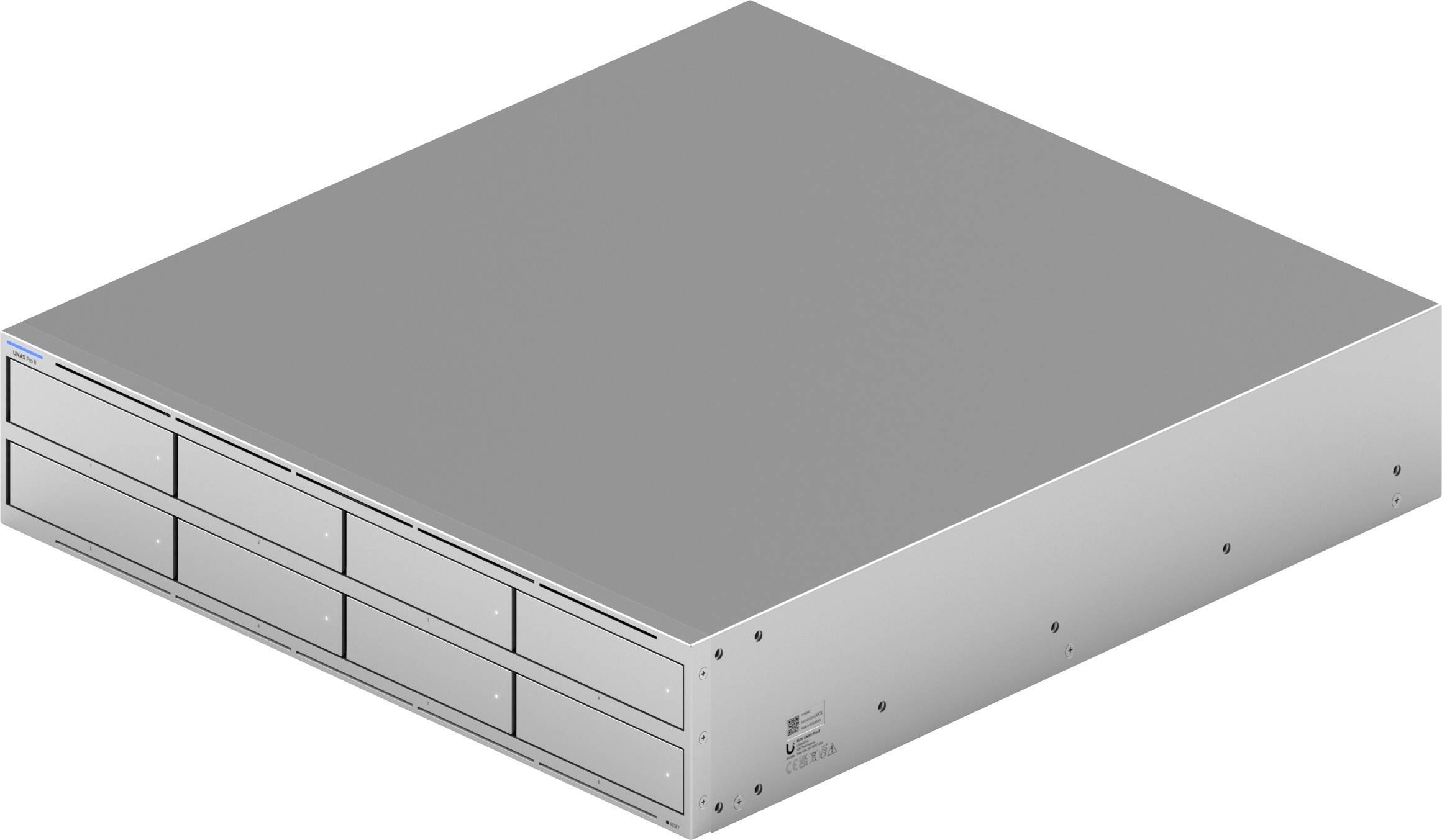 Een in serverrek gemonteerde opslagunits met meerdere schijfsleuven, slanke zilveren behuizing, ontworpen voor datacentergebruik.