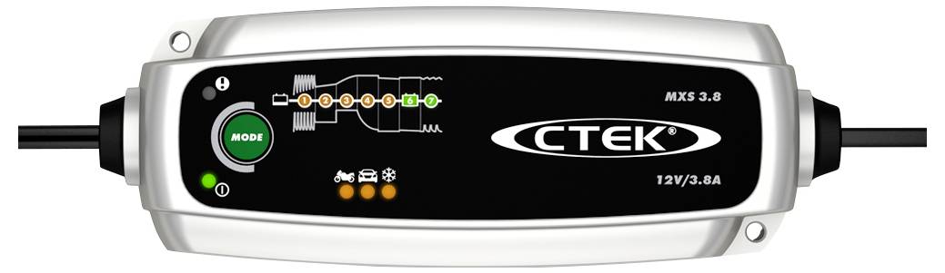 Een CTEK-acculader met een 'MODE'-knop, LED-indicatoren voor laadstadia, inclusief 12V/3.8A-uitgang en voertuigpictogrammen.