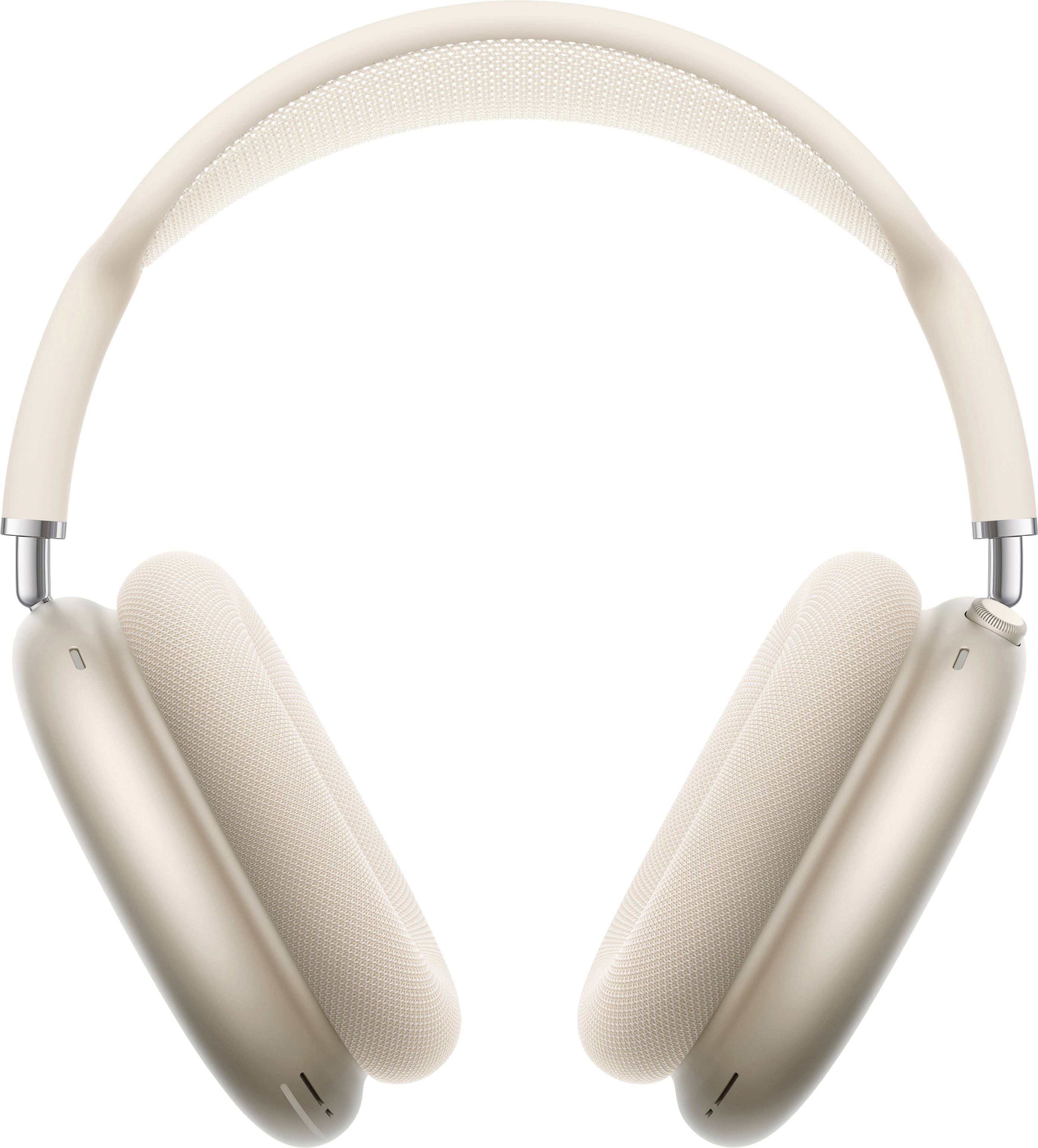 Beige over-ear draadloze koptelefoon met een mesh-hoofdband, ontworpen voor comfortabel luisteren.