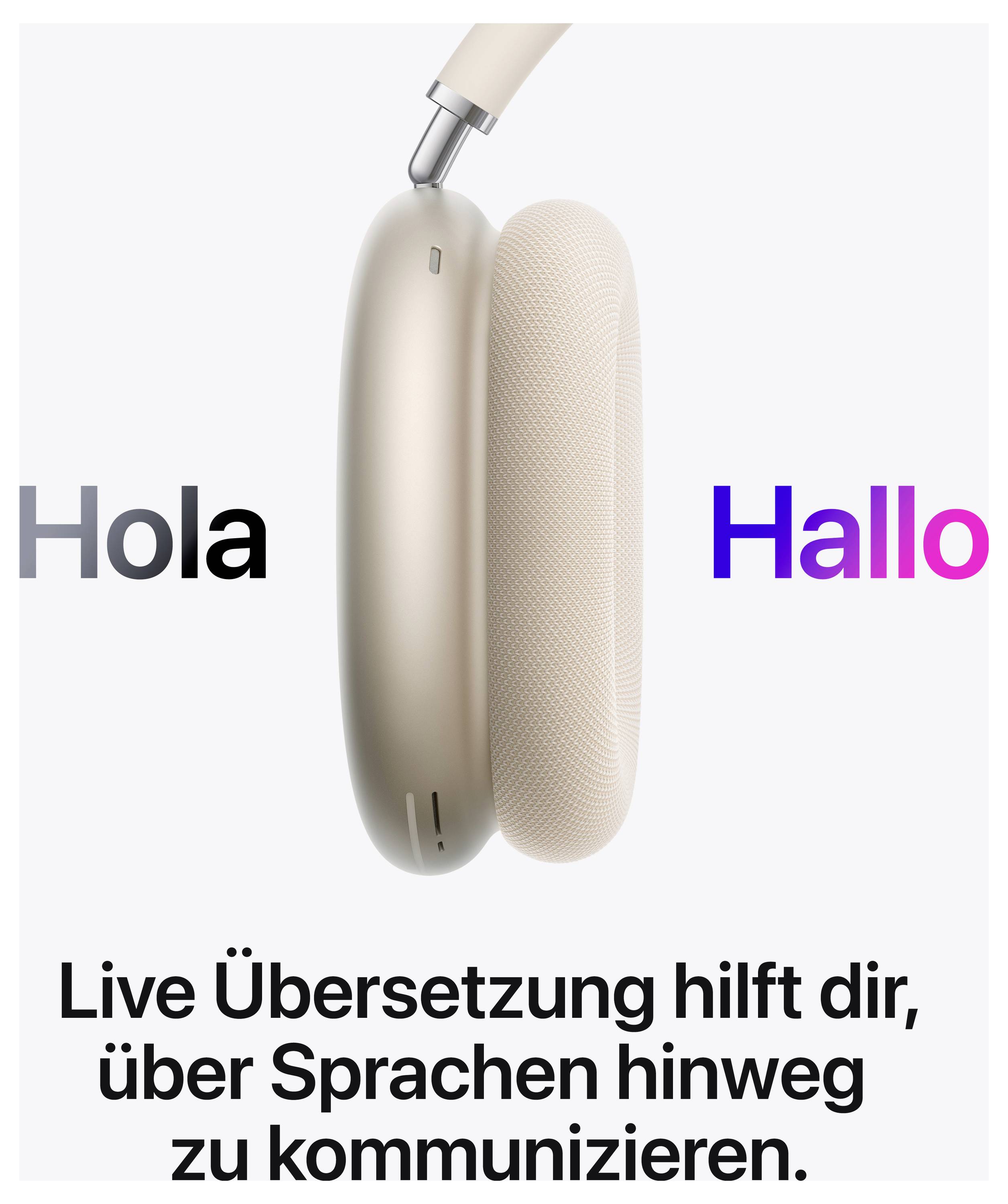 Koptelefoon in het midden, omgeven door de woorden 'Hola' en 'Hallo' in verschillende kleuren. Tekst onderaan: 'Live-vertaling helpt je om over taalgrens heen te communiceren.'