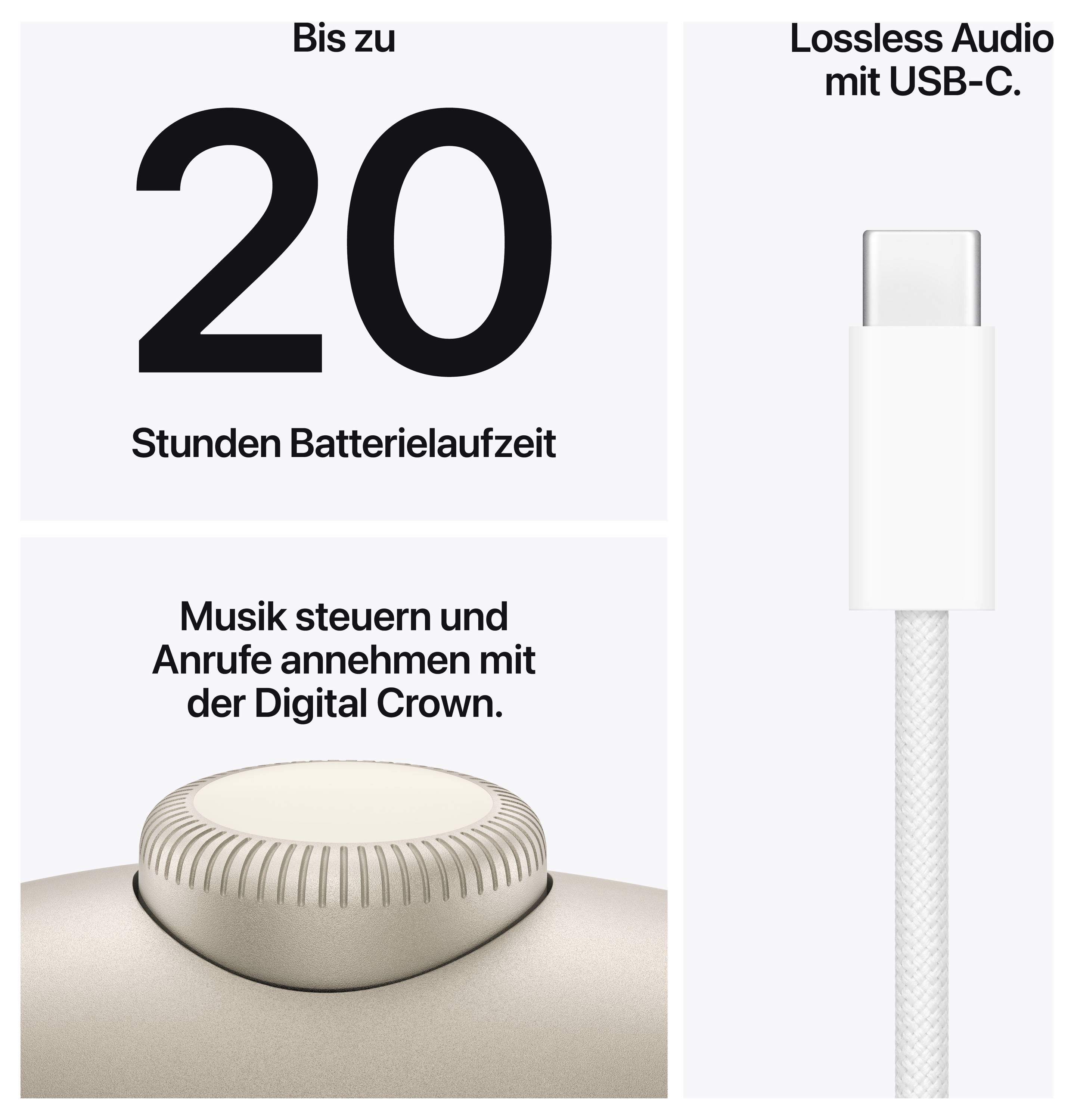'Tot 20 uur batterijduur'. 'Verliesvrije audio met USB-C'. 'Muziek bedienen en oproepen beantwoorden met de Digital Crown'.
